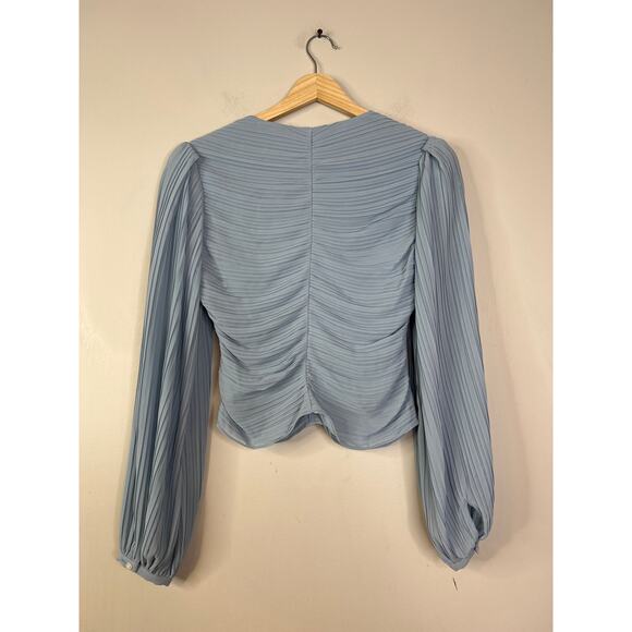 NWT Frame Pleated Billow Sleeve V-Neck Long Sleeve Blouse Top Chambray Blue - Picture 7 of 8